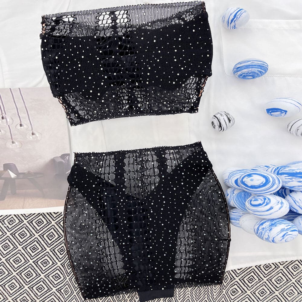 Glitter Crystal Mesh Bandeau Four Piece Swimsuit - On sale