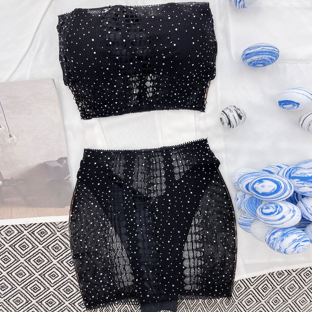 Glitter Crystal Mesh Bandeau Four Piece Swimsuit - On sale