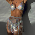 Glitter Fringe Underwire Three Piece Bikini Swimsuit - Silver / S On sale