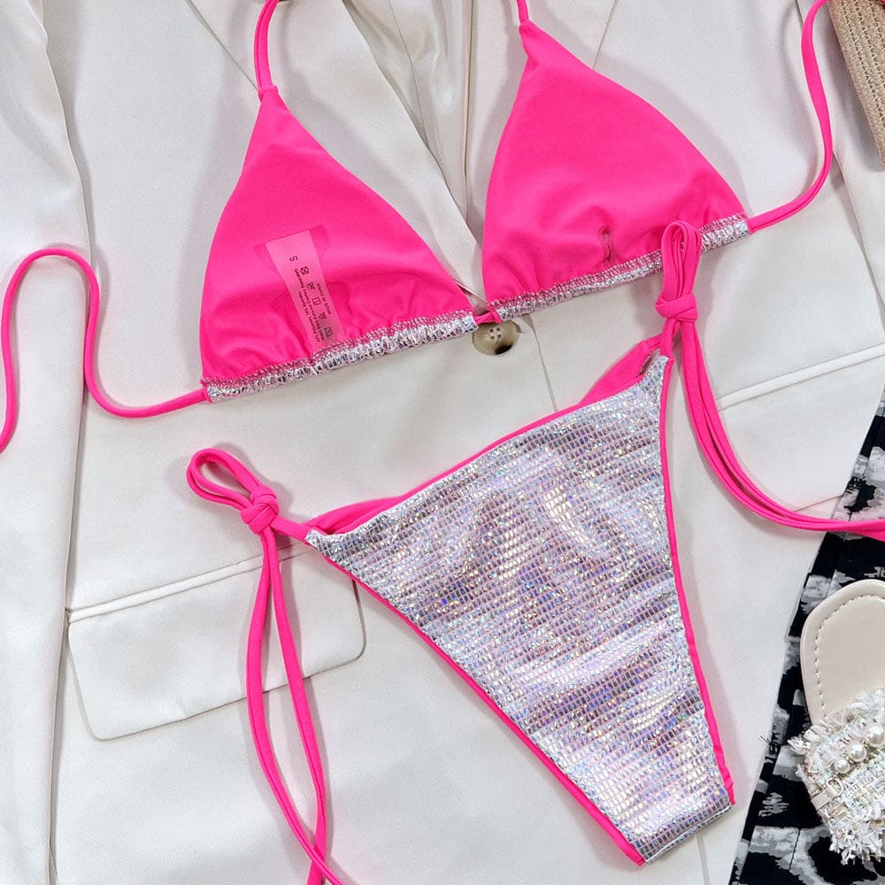 String Triangle Bottom Glitter Halter Tie String Triangle Bikini Swimsuit - Sunnybikinis