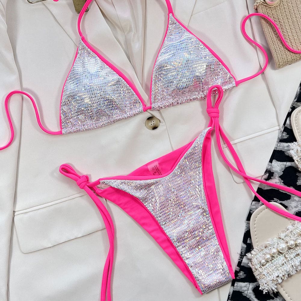 Glitter Halter Tie String Triangle Sunnybikinis Swimsuit - On sale