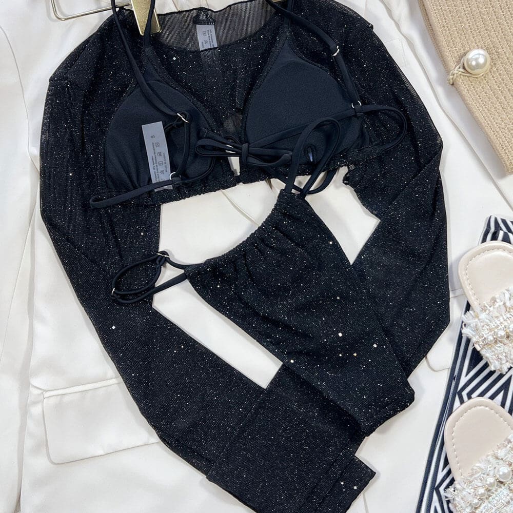 Glitter Long Sleeve String Triangle Sunnybikinis Swimsuit - On sale