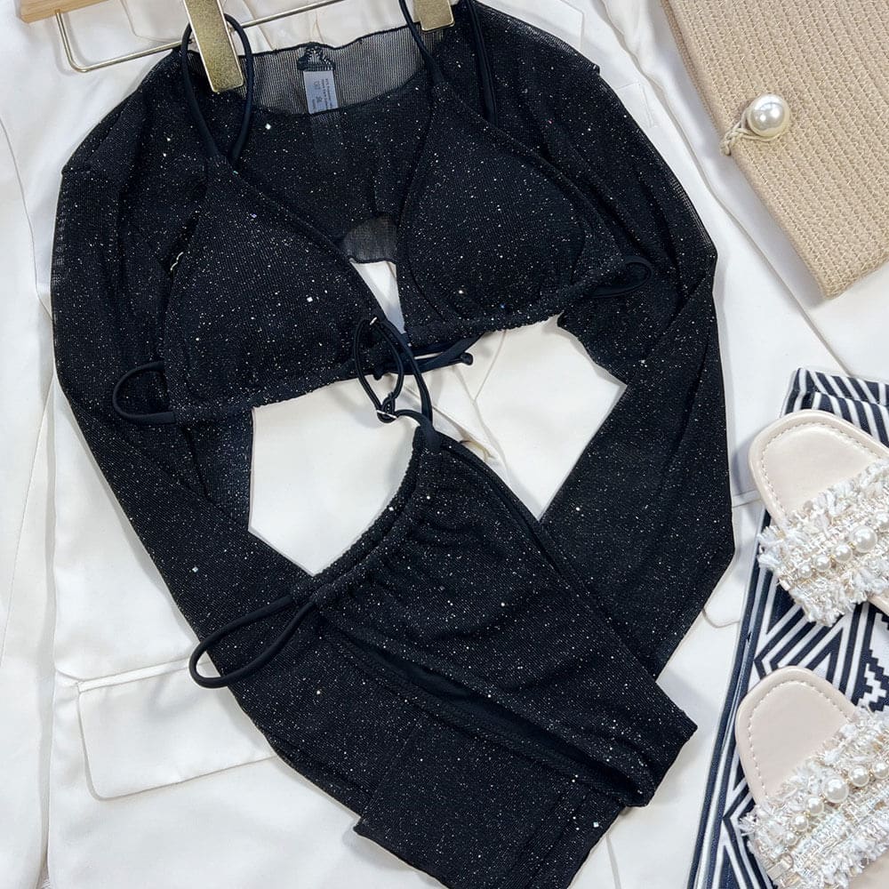 Glitter Long Sleeve String Triangle Sunnybikinis Swimsuit - On sale