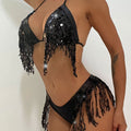 Glitter Sequin Tassel Triangle Bikini Swimsuit - Black / S On sale