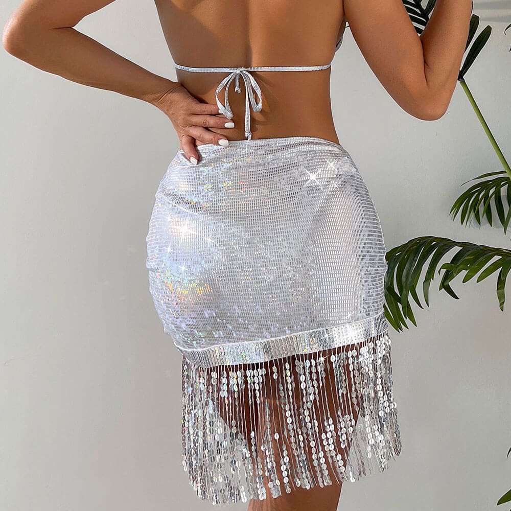 Glitter Sequin Tassel Triangle Three Piece Swimsuit - On sale
