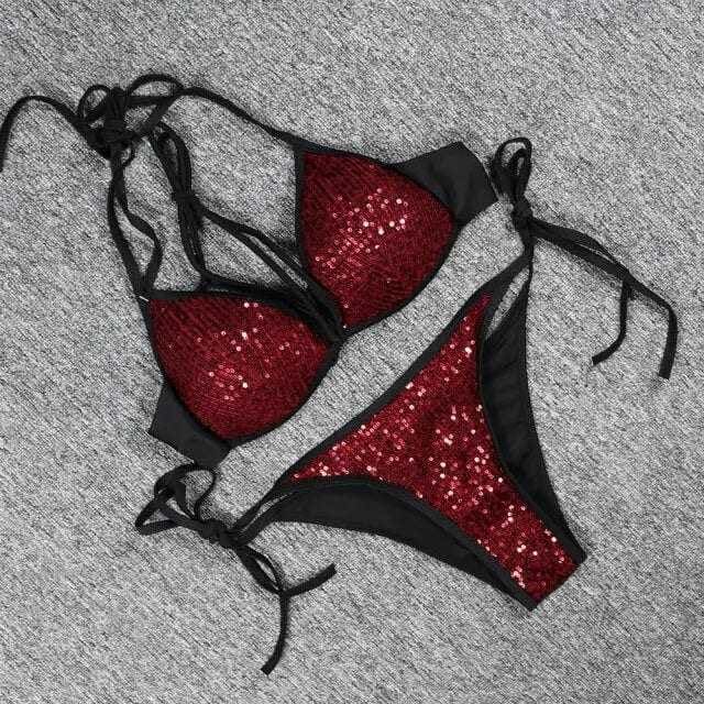 Glitter Sequin Tie String Halter Triangle Brazilian Bikini Swimsuit - On sale