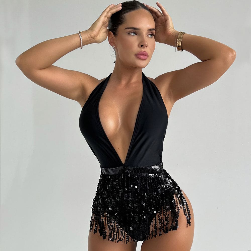 Glitter Sequined Sarong Low Back One Piece Swimsuit - Black / S On sale