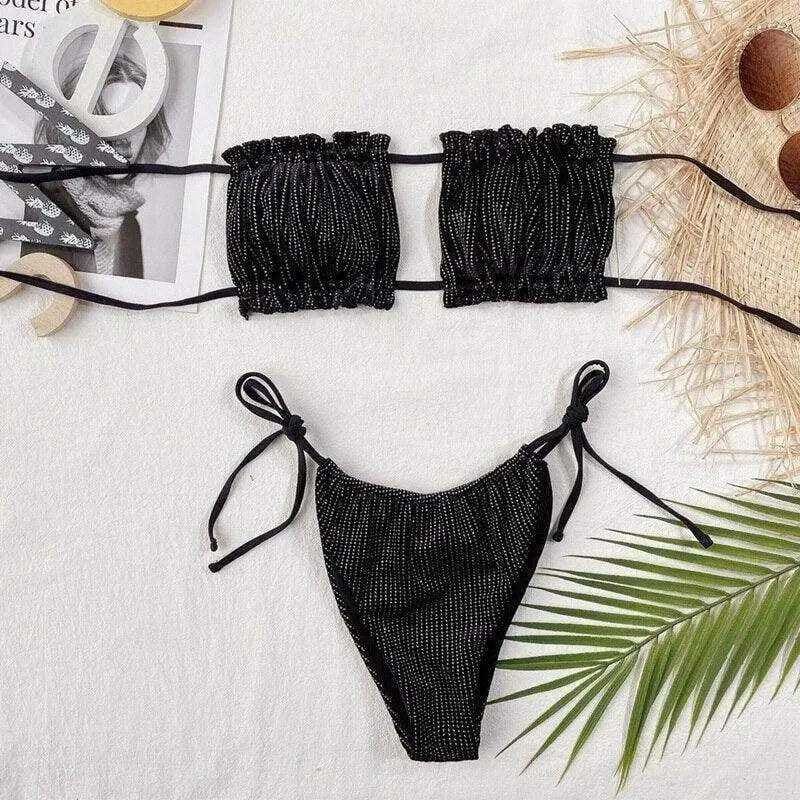 Glitter Velvet bandeau ruched Brazilian Bikini Swimsuit - On sale