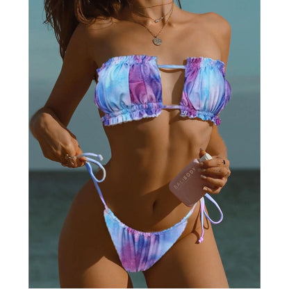 Glitter Velvet bandeau ruched Brazilian Bikini Swimsuit - Dark Purple / S On sale