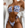 Glitter Velvet bandeau bikini, blue floral ruched bandeau top with Brazilian bottoms