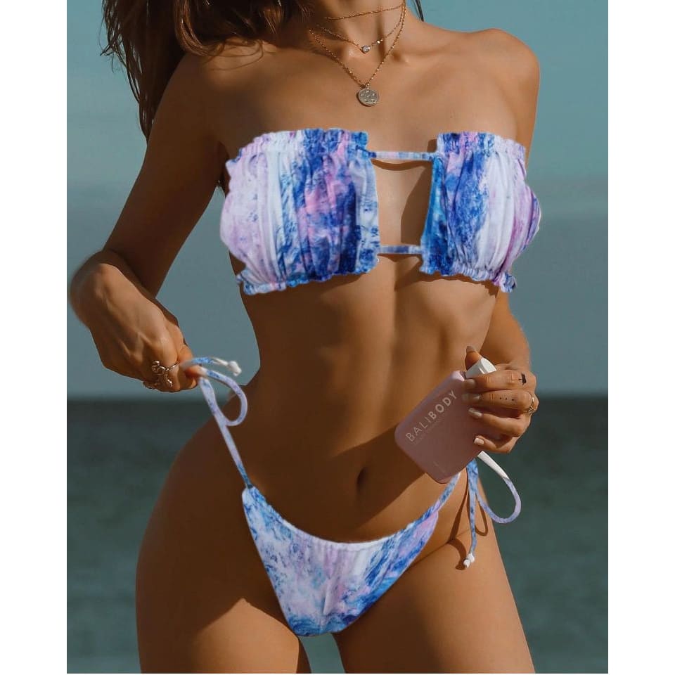 Glitter Velvet bandeau ruched Brazilian Bikini Swimsuit - Sky Blue / S On sale