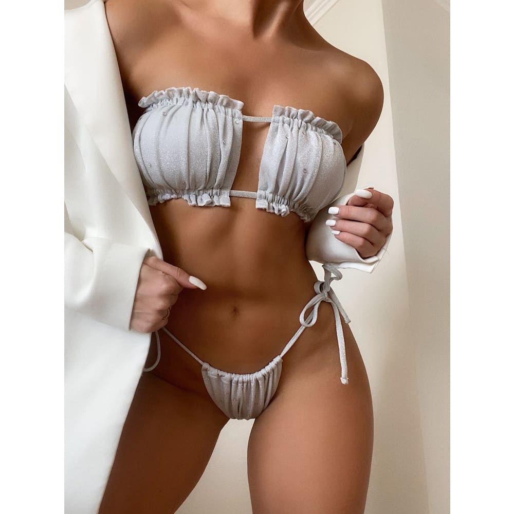 Glitter Velvet bandeau ruched Brazilian Bikini Swimsuit - With Rhinestones / S On sale