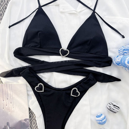Glittering Crystal Heart Mesh Triangle Bikini Swimsuit - On sale