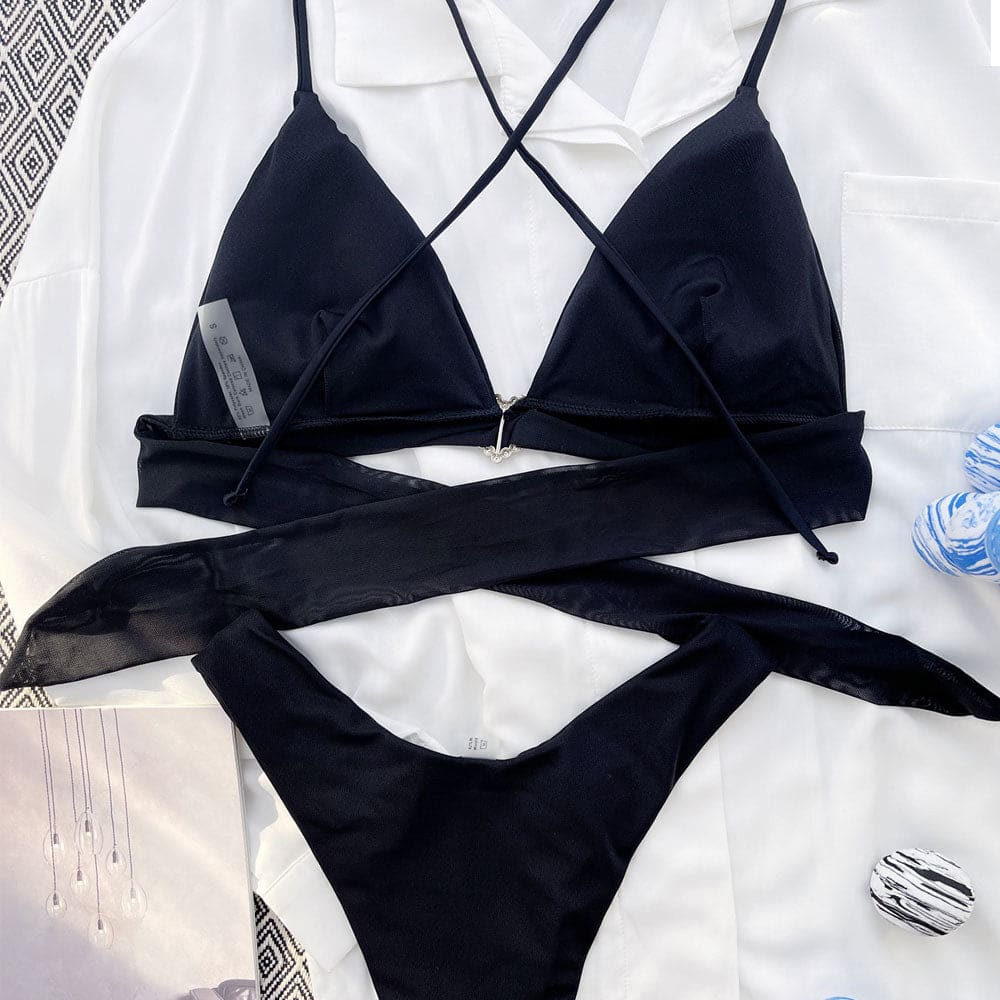 Glittering Crystal Heart Mesh Triangle Bikini Swimsuit - On sale