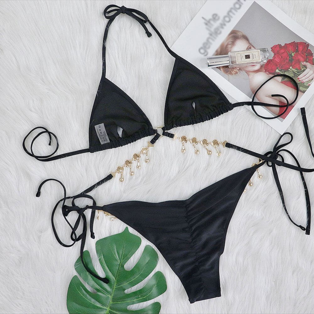 Glittering Crystal Pendent Triangle Bikini Swimsuit - On sale