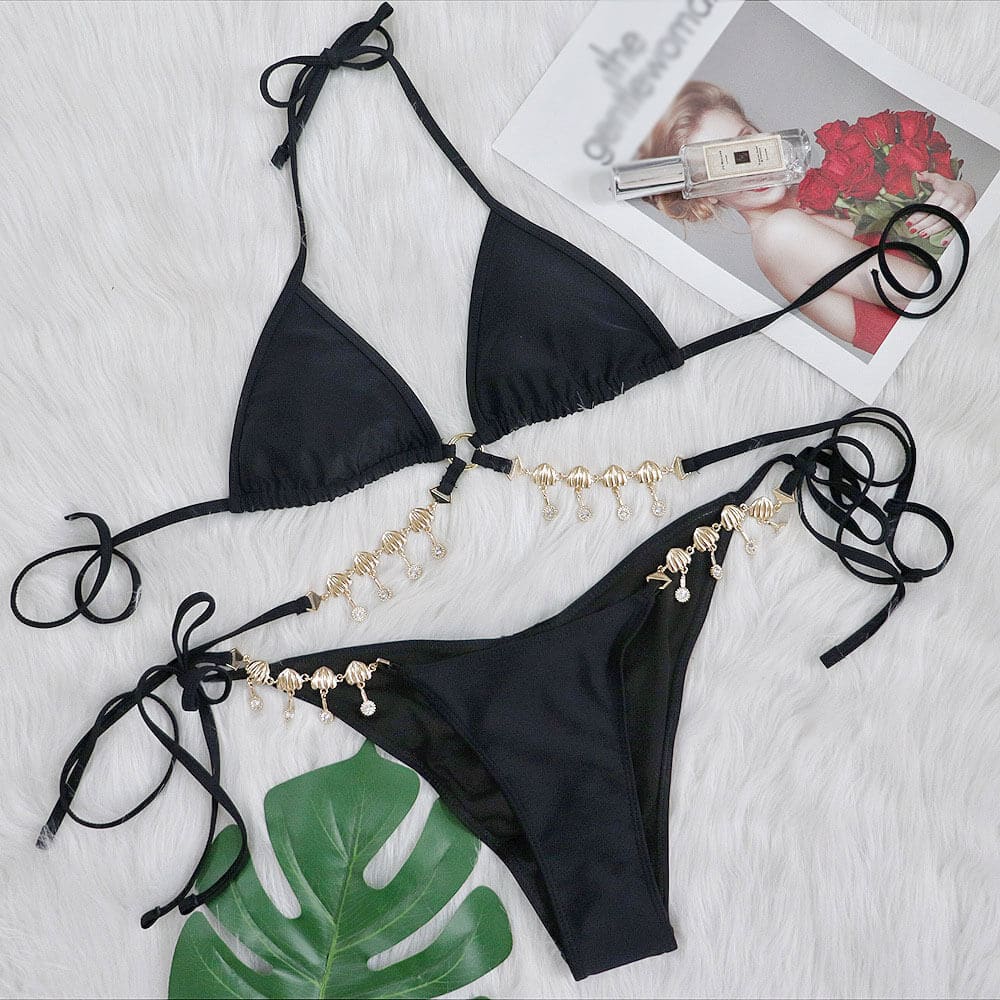 Glittering Crystal Pendent Triangle Bikini Swimsuit - On sale