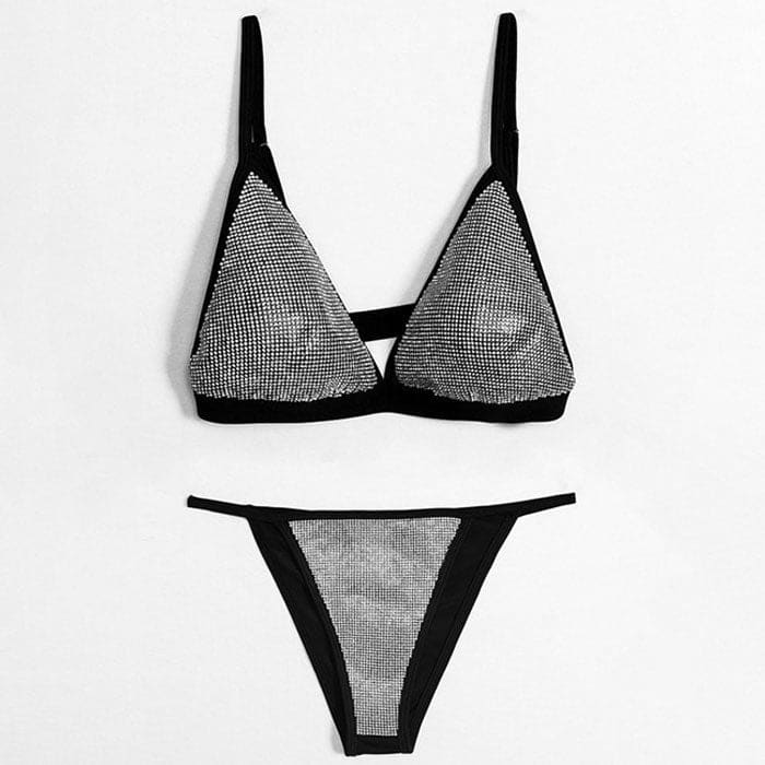 Glittering Rhinestone String Triangle Brazilian Bikini - On sale