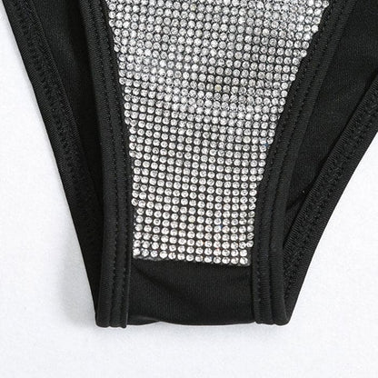 Black Rhinestone String Glittering Rhinestone String Triangle Brazilian Bikini - Sunnybikinis