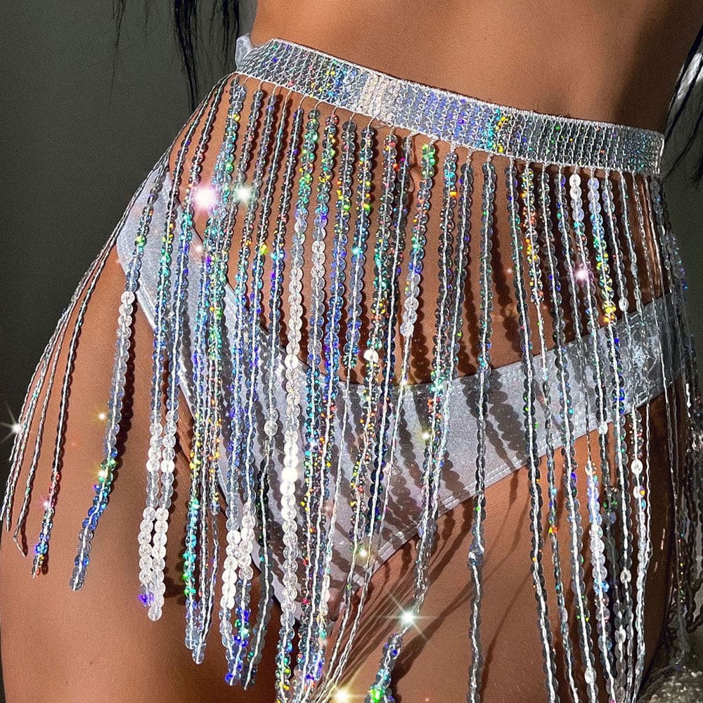 Glittering Sequin Fringed Triangle Three Piece Swimsuit - On sale