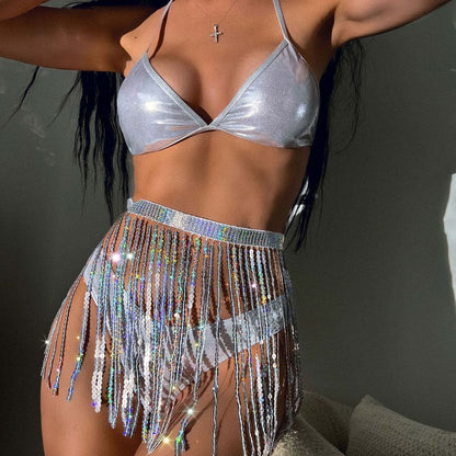 Glittering Sequin Fringed Triangle Three Piece Swimsuit - Silver / S On sale