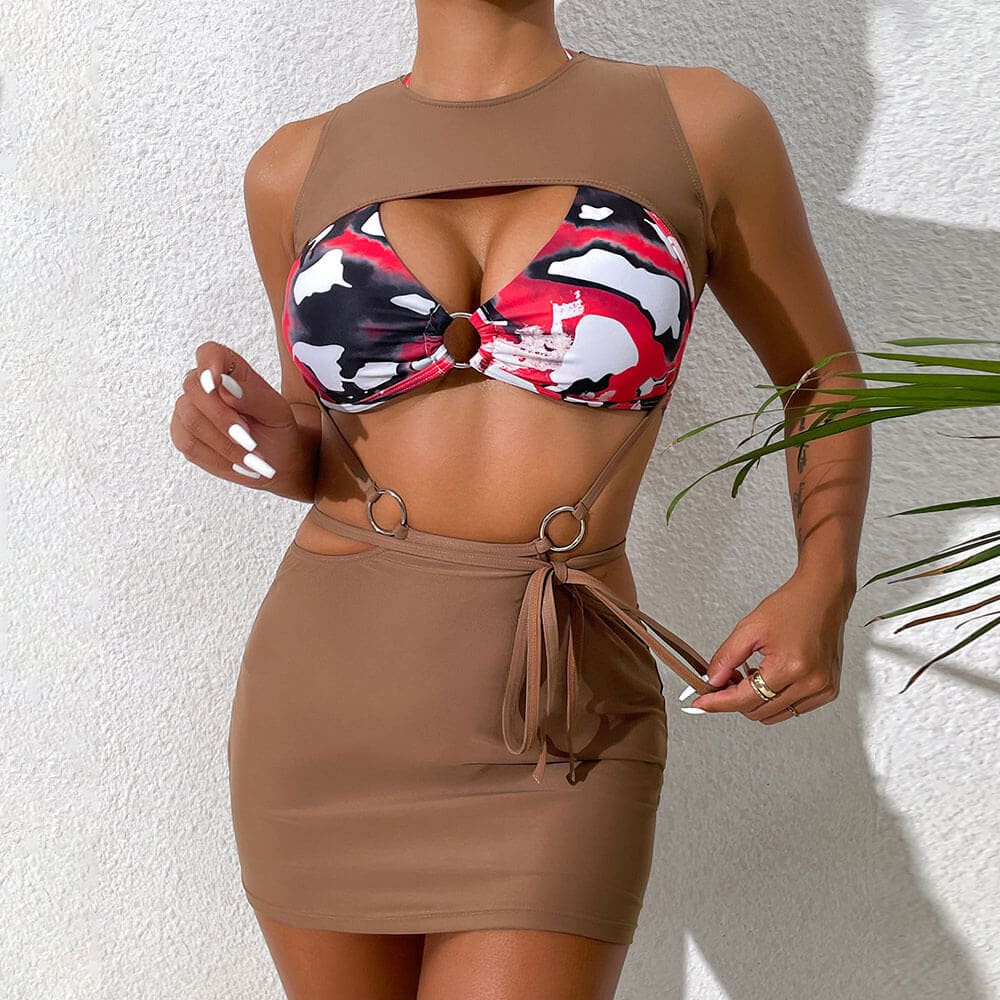 Graphic Beach Cover Up O Ring Three Piece Swimsuit - Brown / S On sale