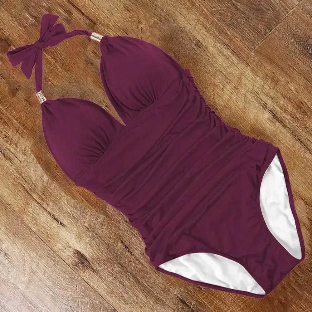 Halter Neck Push Up High Waist One Piece Swimsuit - B3857WR / S On sale