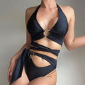 High Cut Cutout O Ring Wrap Halter Brazilian Bikini Swimsuit - Black / S On sale