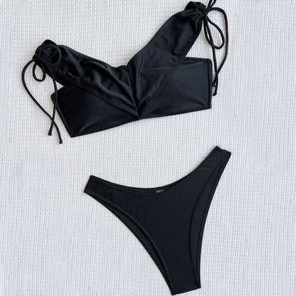 High Cut V Neck Drawstring Brazilian Bikini Swimsuit - On sale