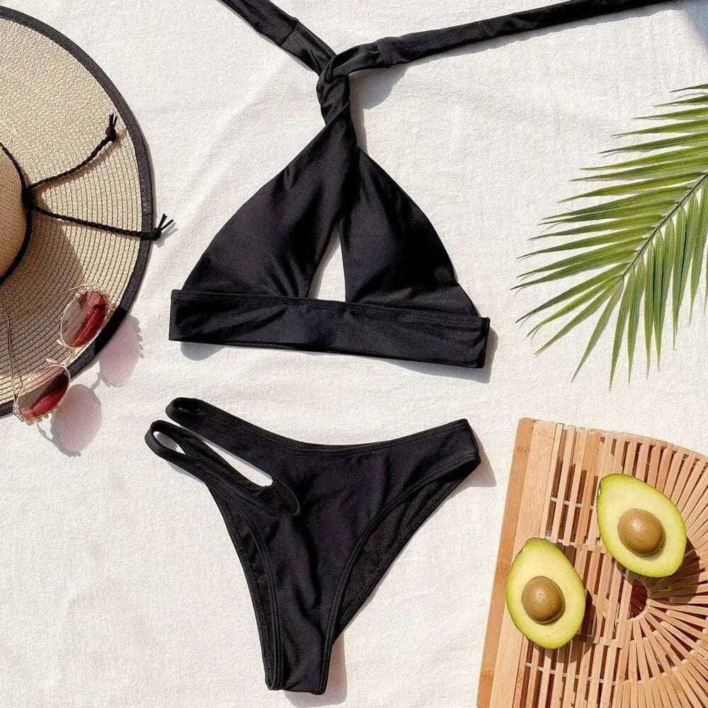 High Leg Cutout Halter Hollow Out Bikini Swimsuit - On sale