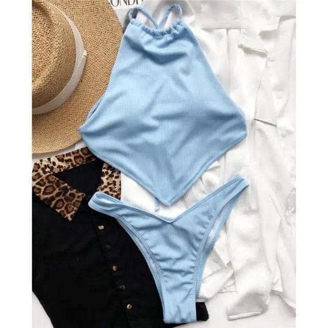 High Neck Cross Back Cut Ribbed Bikini Swimsuit - On sale