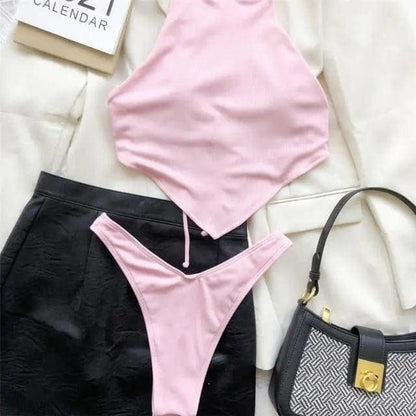 High Neck Cross Back Cut Ribbed Bikini Swimsuit - Pink / S On sale