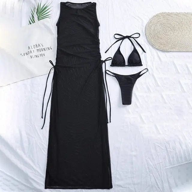 High Neck Halter Triangle Bikini Three Piece Beach Cover-ups - On sale