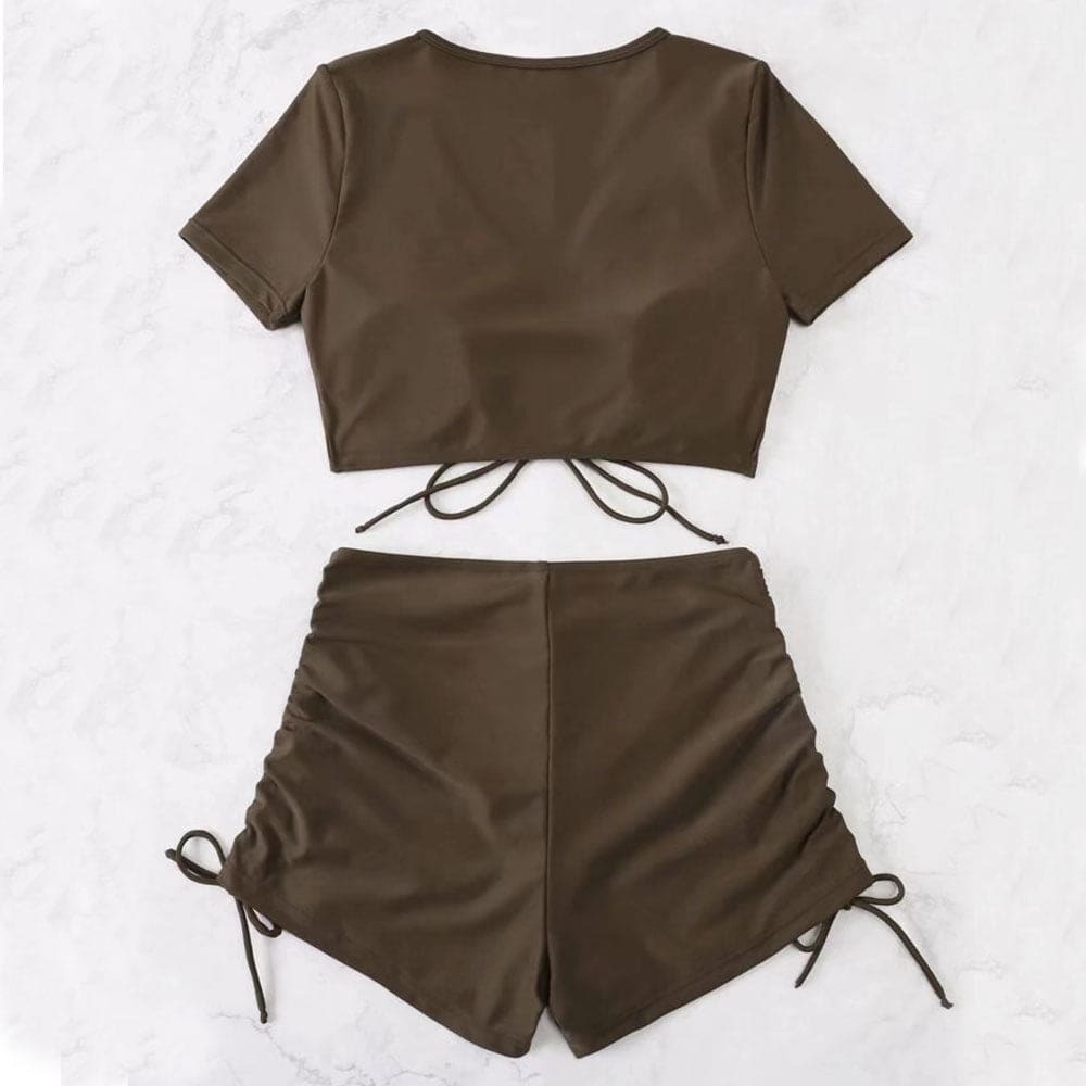 High Waist Boyshort Drawstring Sleeved Bikini Swimsuit - On sale