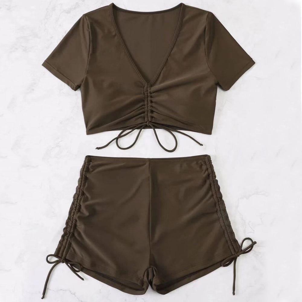 High Waist Boyshort Drawstring Sleeved Bikini Swimsuit - On sale
