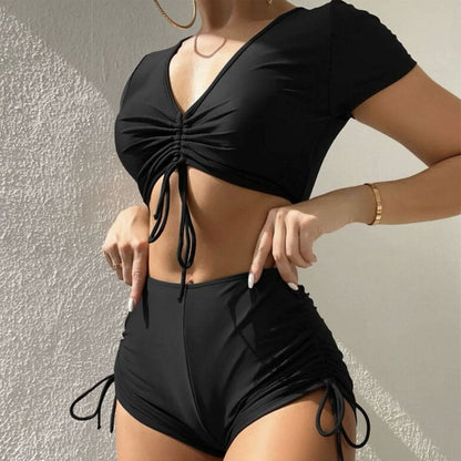 High Waist Boyshort Drawstring Sleeved Bikini Swimsuit - Black / S On sale