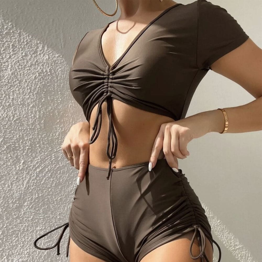 High Waist Boyshort Drawstring Sleeved Bikini Swimsuit - Brown / S On sale