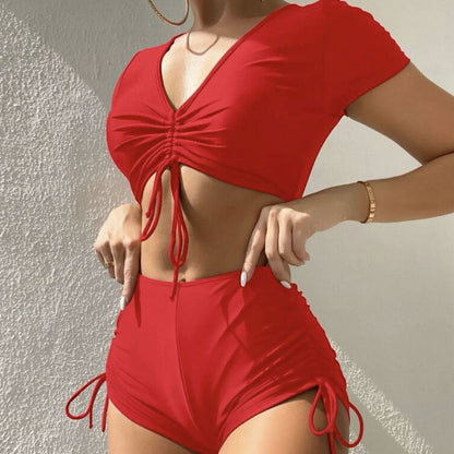 High Waist Boyshort Drawstring Sleeved Bikini Swimsuit - Red / S On sale
