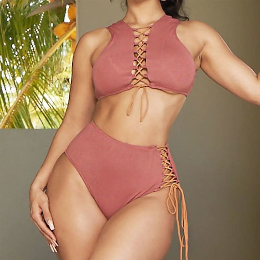 High Waist Cut Out Bralette Brazilian Bikini Swimsuit - Coral Pink / S On sale