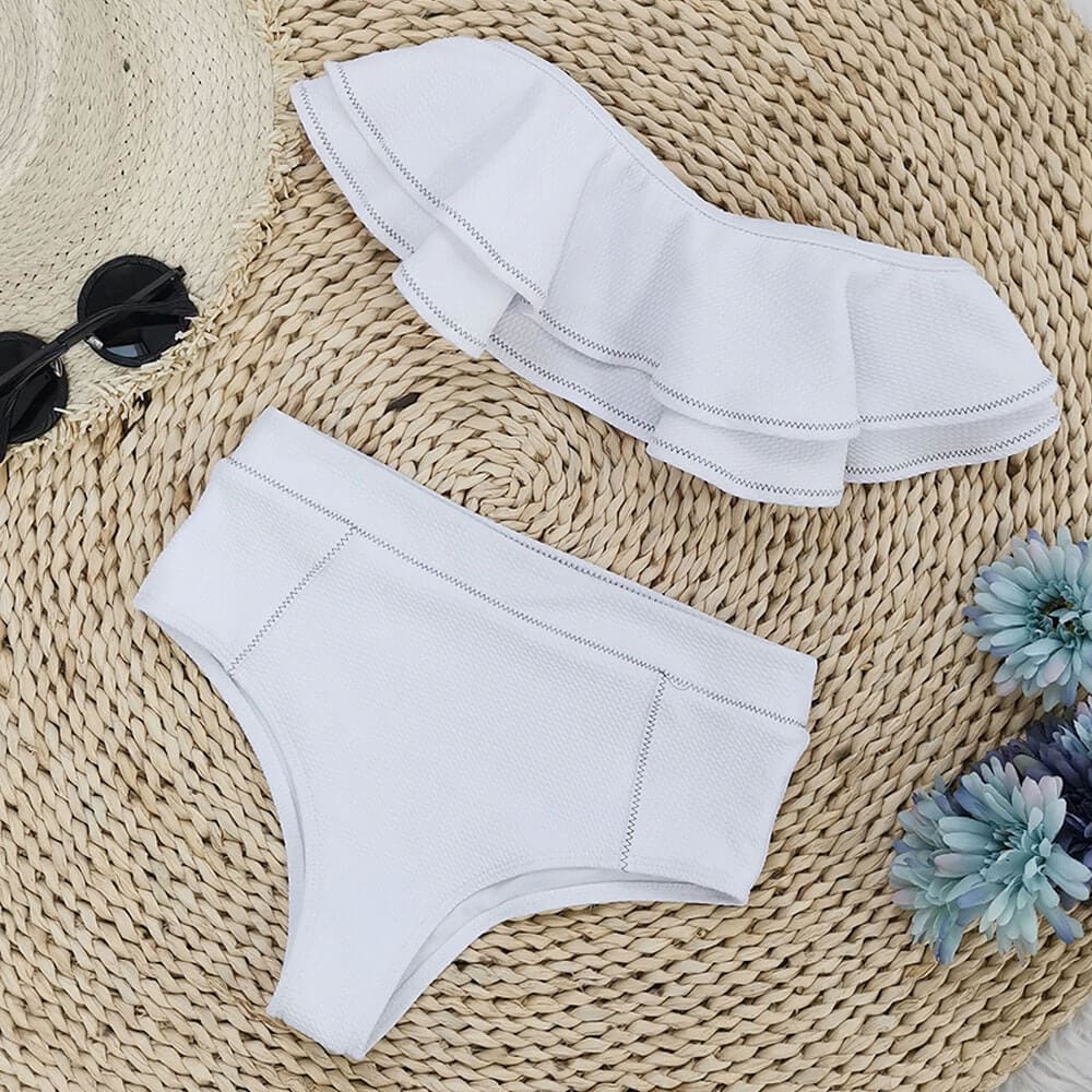 High Waist Ruffle Bandeau Brazilian Bikini Swimsuit - On sale