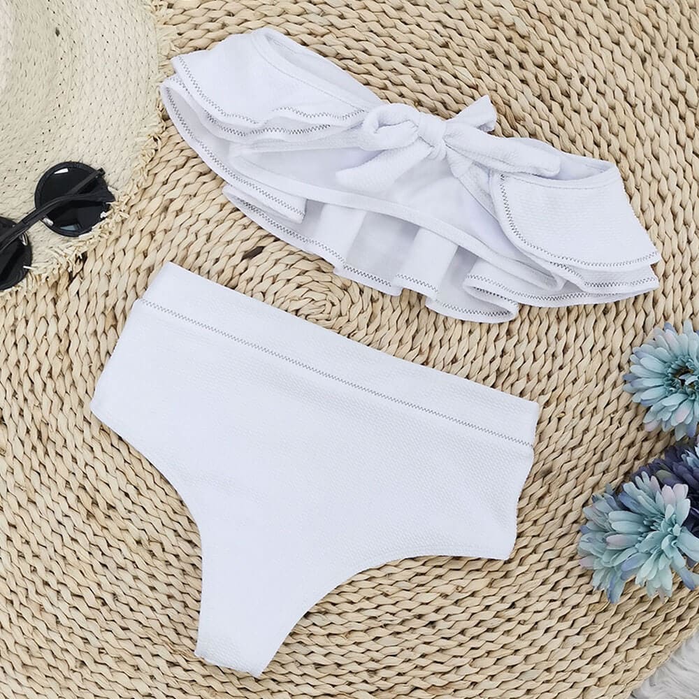 High Waist Ruffle Bandeau Brazilian Bikini Swimsuit - On sale