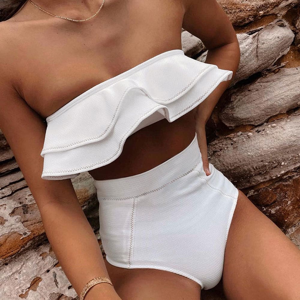 High Waist Ruffle Bandeau Brazilian Bikini Swimsuit - White / S On sale