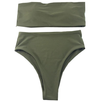 High Waisted Cut Bandeau Bikini Swimsuit - Army / XS On sale