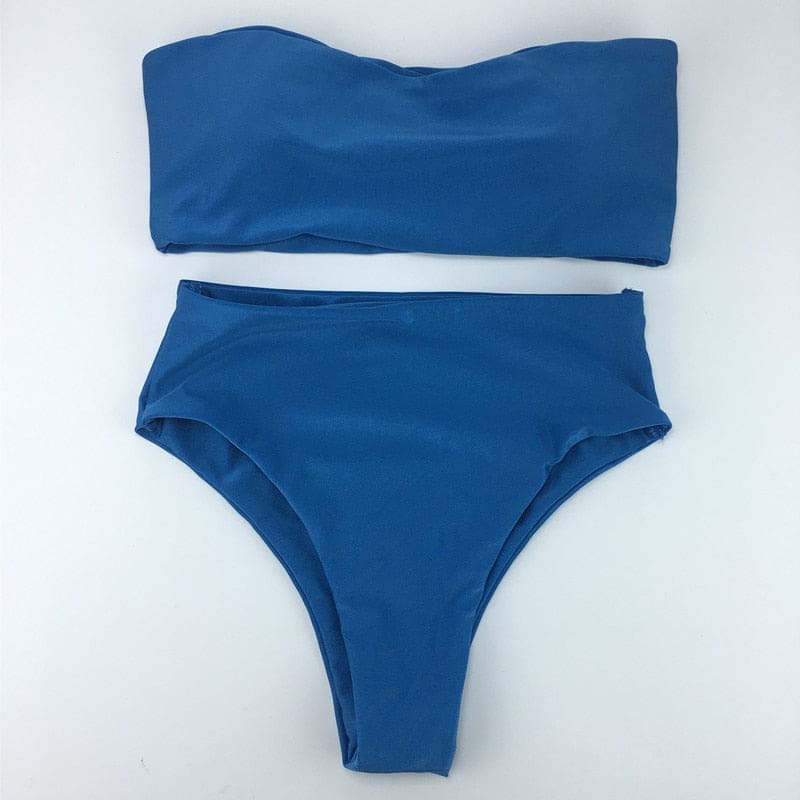 High Waisted Cut Bandeau Bikini Swimsuit - Blue / XS On sale