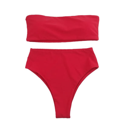 High Waisted Cut Bandeau Bikini Swimsuit - Chinese Red / XS On sale