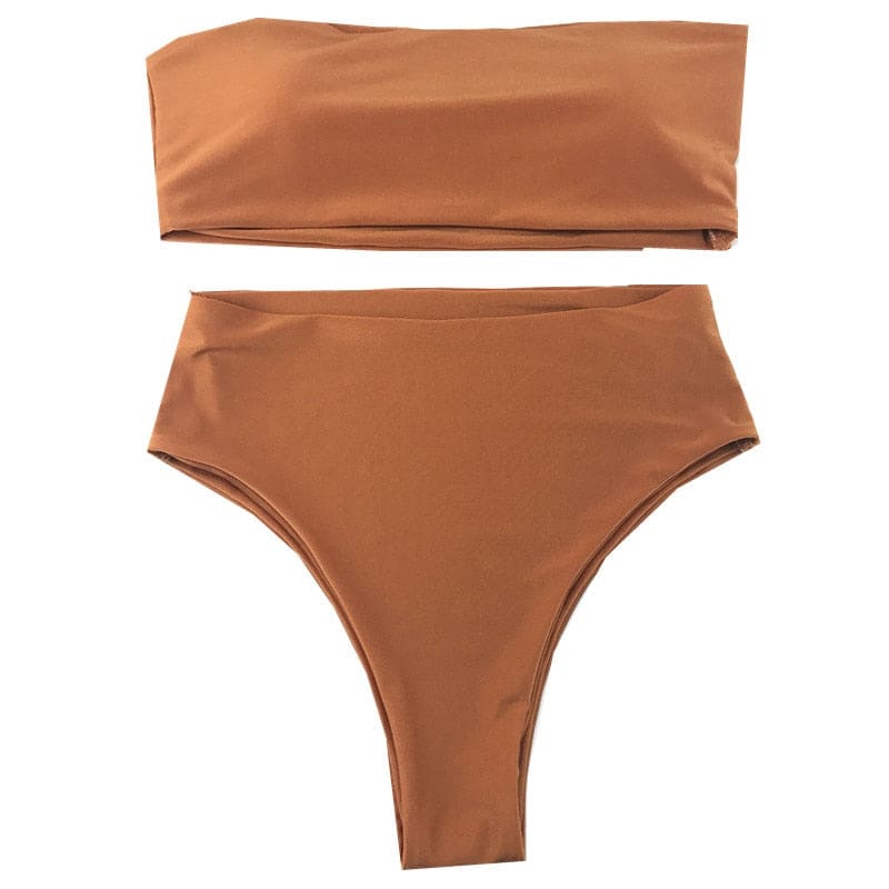 High Waisted Cut Bandeau Bikini Swimsuit - Dark Orange / XS On sale