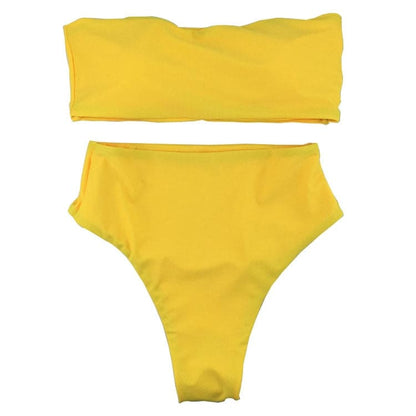 High Waisted Cut Bandeau Bikini Swimsuit - Yellow / XS On sale