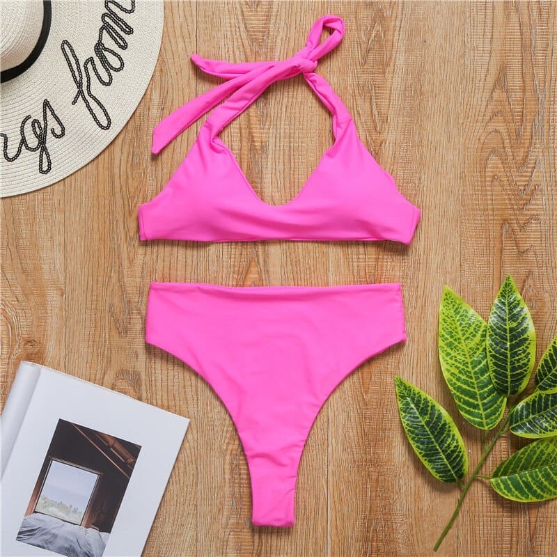 High Waisted Leg Halter Thong Bikini Swimsuits - On sale