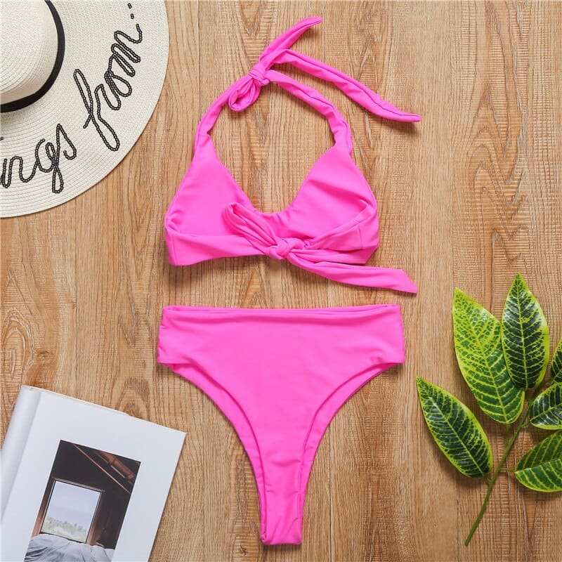 High Waisted Leg Halter Thong Bikini Swimsuits - On sale