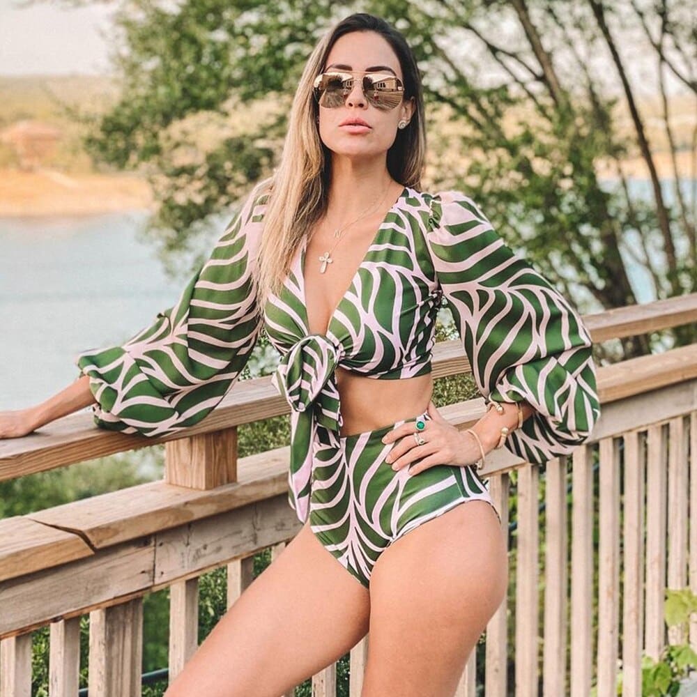 High Waisted Puff Sleeve Tie Front Bikini Swimsuit - CO19462G1 / S On sale