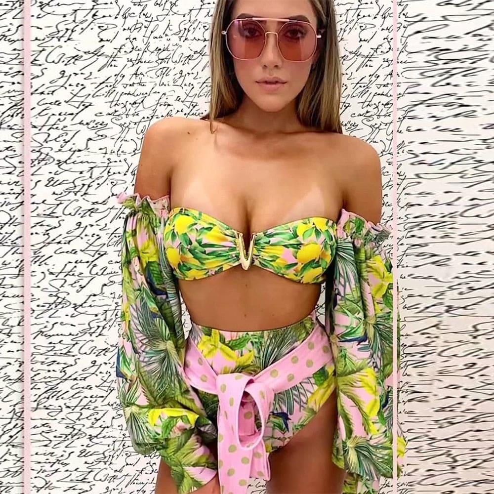 High Waisted Puff Sleeve Tie Front Bikini Swimsuit - MO21066NM / S On sale